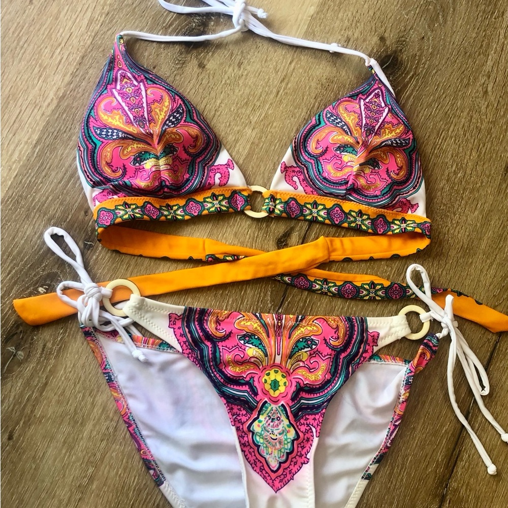 Vibrant Pink & Orange Paisley Triangle Bikini